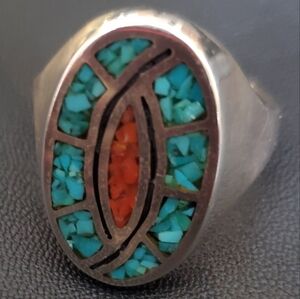 Native American Men's Sterling silver ring size 15 Coral Turquoise vintage